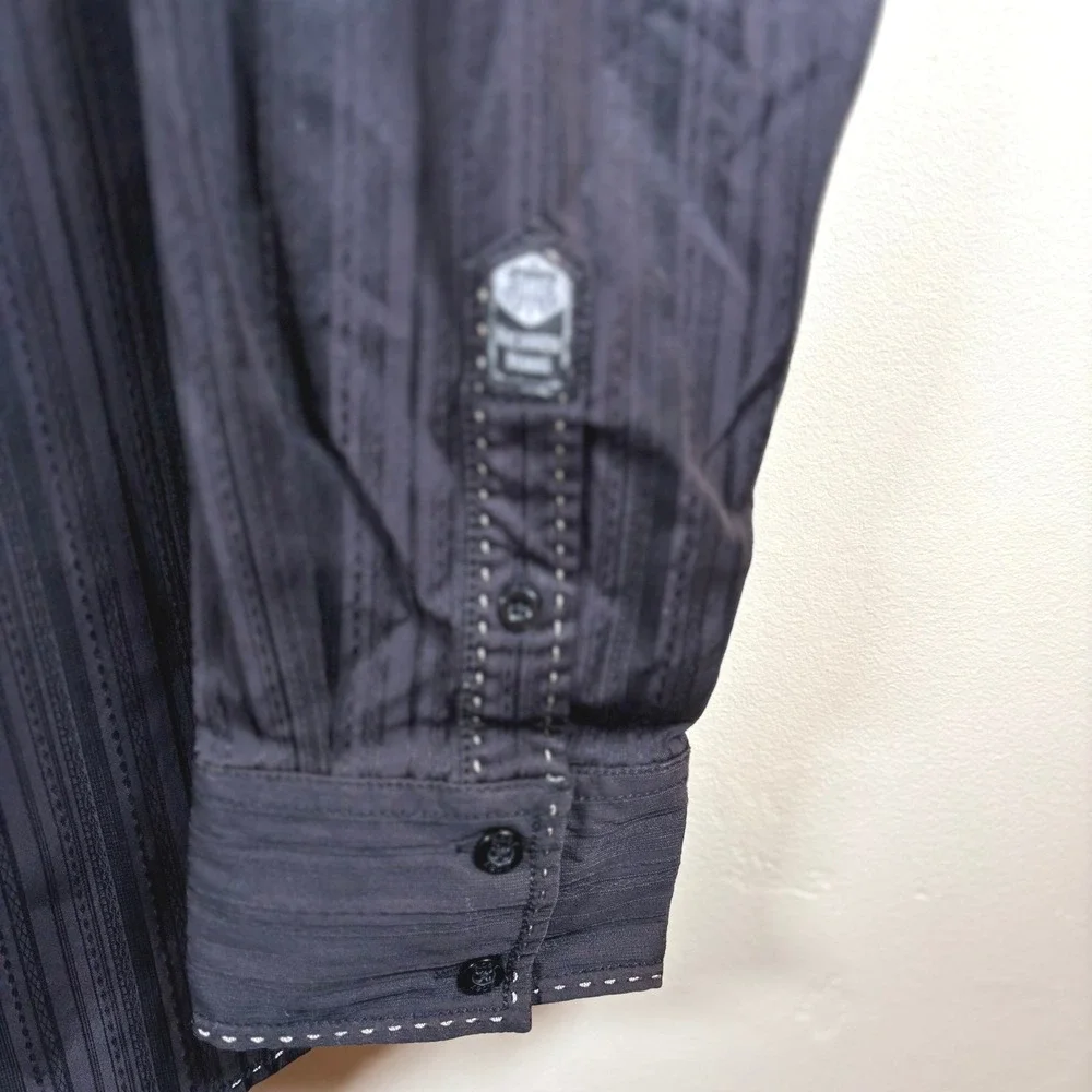 Roar Embroidered Button‎ Up Shirt Men's L Black L/S Western Goth Monochrome